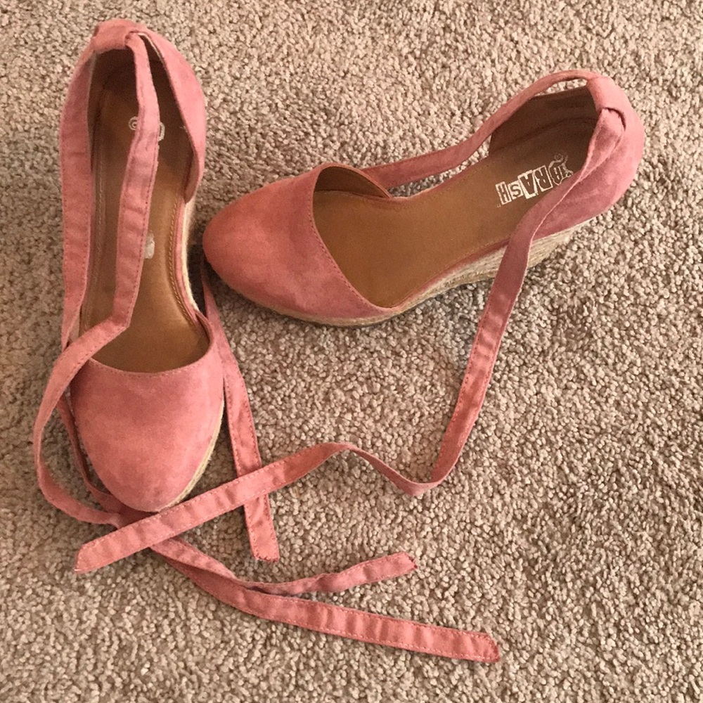 Pink ankle-tie wedges